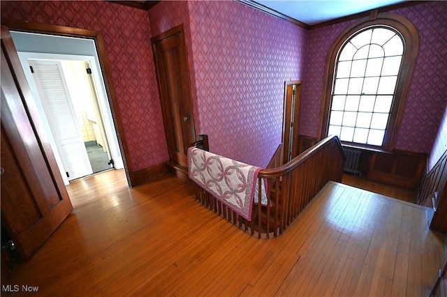 interior space featuring light hardwood / wood-style floors and crown molding