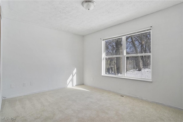 unfurnished room featuring light carpet and a textured ceiling