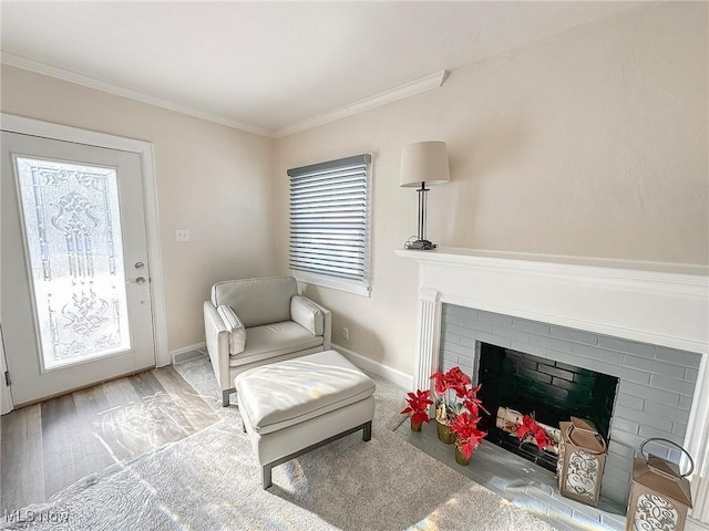 sitting room with a fireplace and crown molding