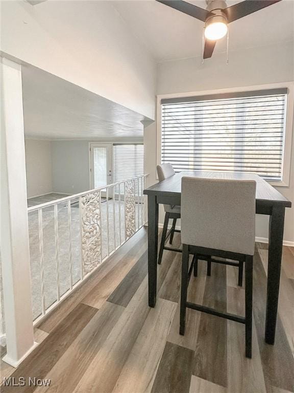 dining space with hardwood / wood-style flooring and ceiling fan