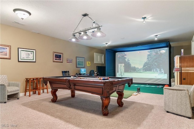 recreation room with carpet and pool table