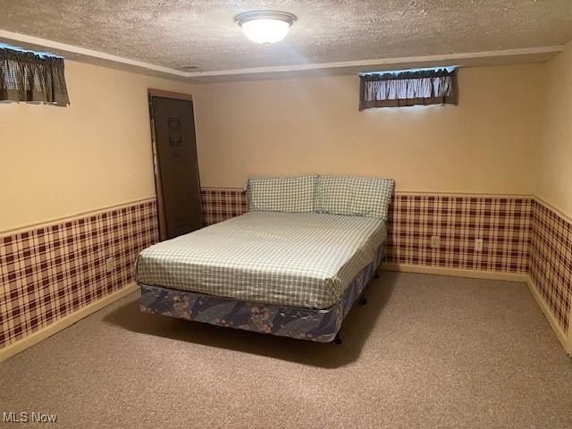 carpeted bedroom with a wainscoted wall and a textured ceiling