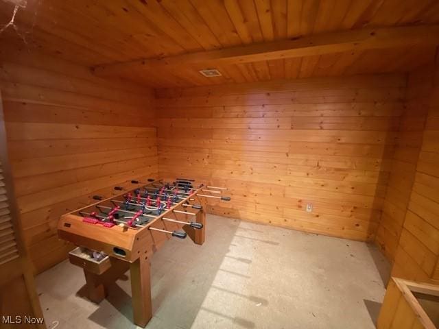 playroom featuring wooden walls