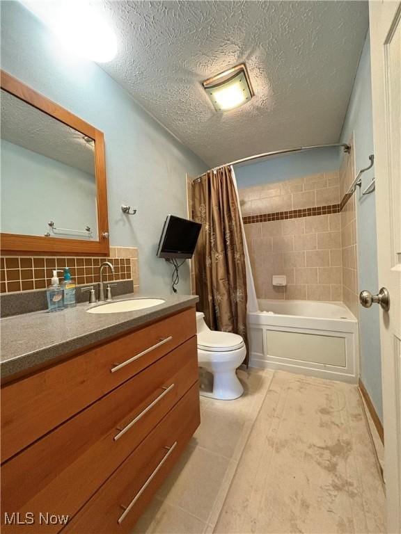 full bathroom with shower / bathtub combination with curtain, tasteful backsplash, a textured ceiling, toilet, and vanity