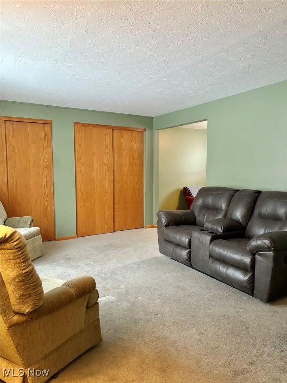 carpeted living room featuring a textured ceiling