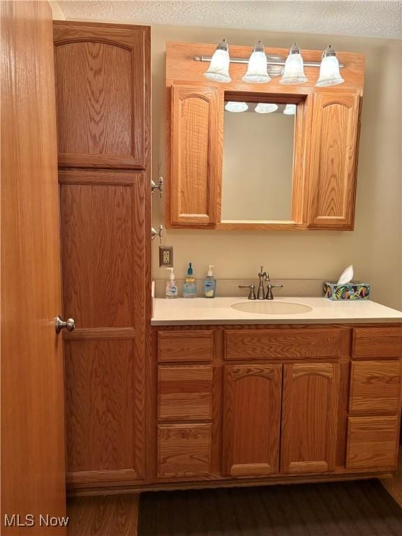 bathroom featuring vanity, wood-type flooring, and a textured ceiling