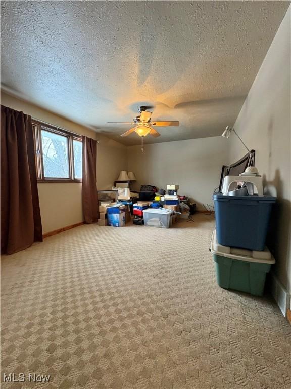 additional living space with ceiling fan, carpet floors, and a textured ceiling