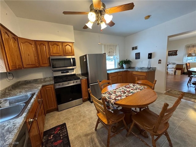 kitchen featuring ceiling fan, sink, and appliances with stainless steel finishes