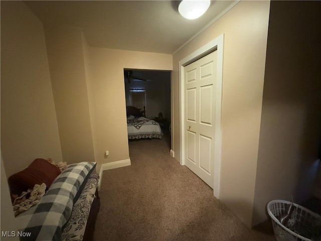 hall with carpet floors and crown molding