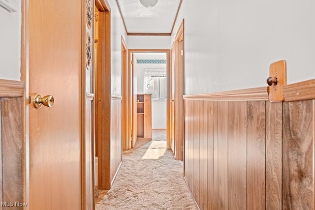 corridor with light carpet and ornamental molding