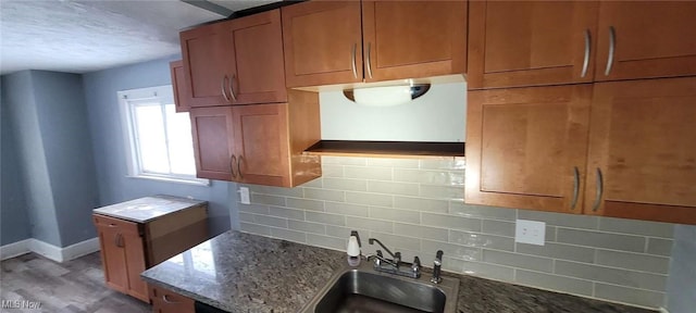 kitchen featuring backsplash, sink, stone countertops, and hardwood / wood-style flooring