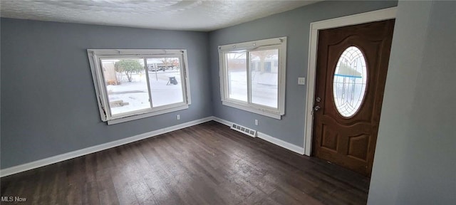 entryway featuring a textured ceiling, dark hardwood / wood-style floors, and plenty of natural light