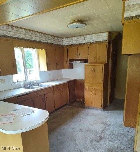 kitchen featuring kitchen peninsula, sink, and range hood