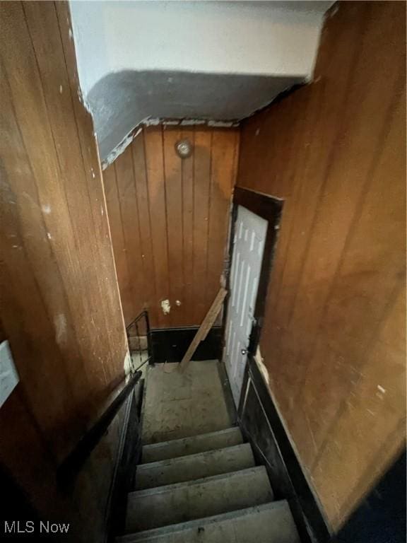 staircase featuring wood walls