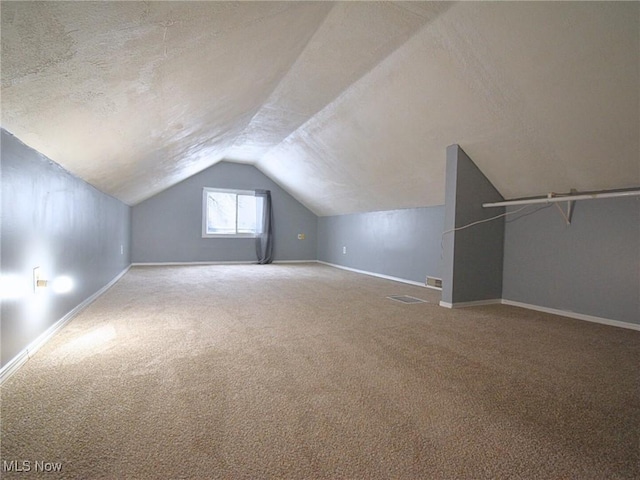 additional living space featuring carpet, a textured ceiling, and vaulted ceiling