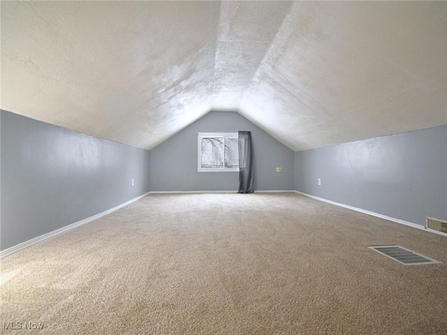 additional living space with carpet flooring, a textured ceiling, and lofted ceiling