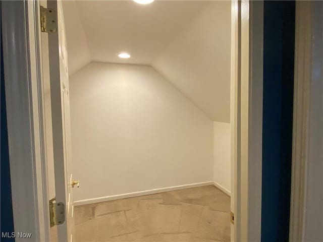 additional living space featuring light colored carpet and vaulted ceiling