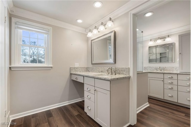 bathroom with vanity, wood-type flooring, and ornamental molding