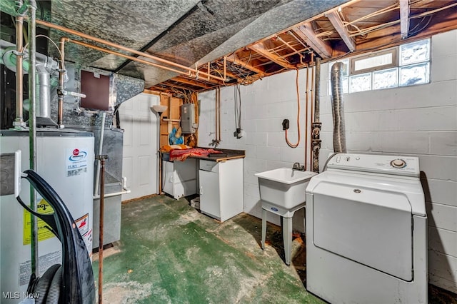 basement with electric panel, washer / dryer, sink, and gas water heater