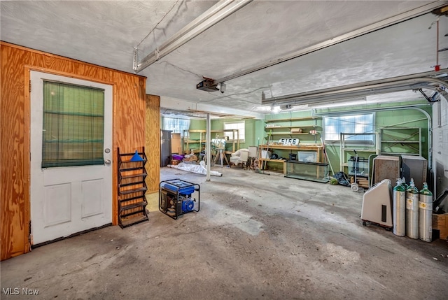 garage with wood walls and a garage door opener