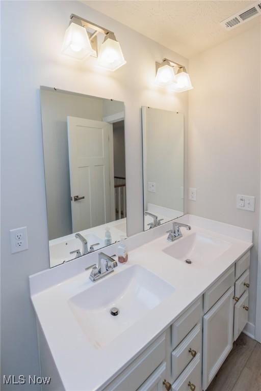 bathroom with hardwood / wood-style floors and vanity