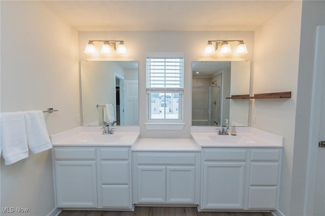 bathroom with vanity and a shower with shower door