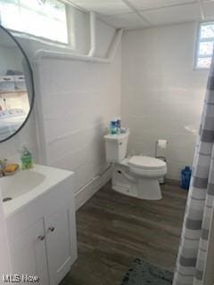 bathroom with hardwood / wood-style floors, vanity, and toilet