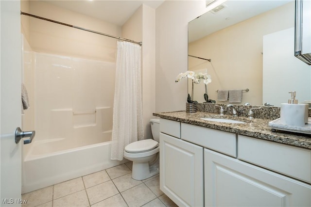 full bathroom featuring toilet, tile patterned flooring, shower / bathtub combination with curtain, and vanity