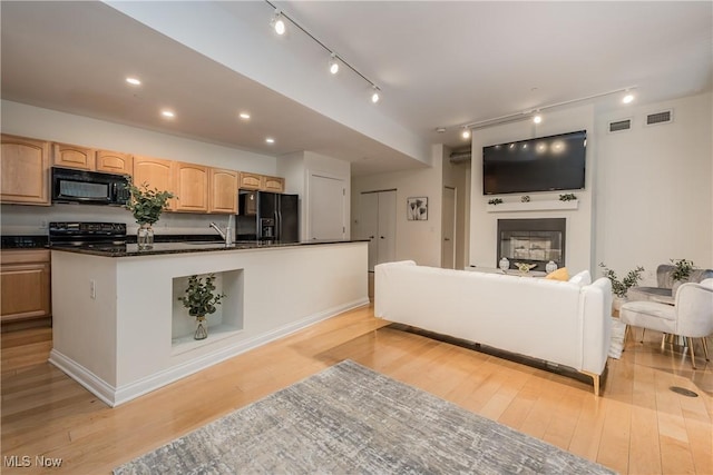 kitchen with a center island with sink, black appliances, light hardwood / wood-style floors, dark stone counters, and sink