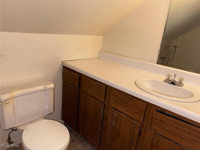 bathroom featuring toilet, vanity, and vaulted ceiling