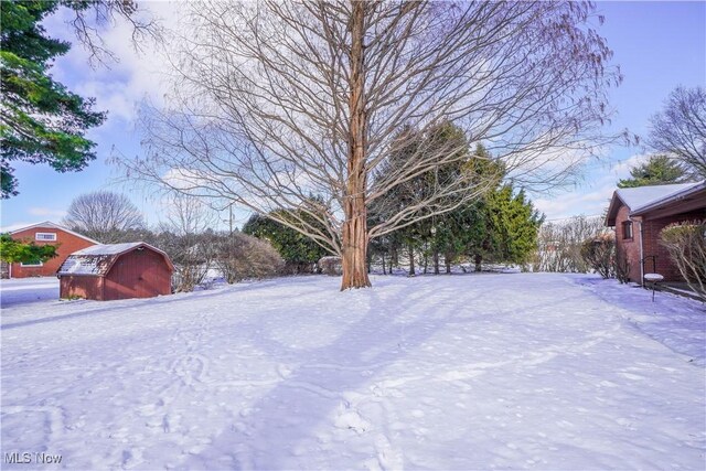 yard layered in snow with an outbuilding