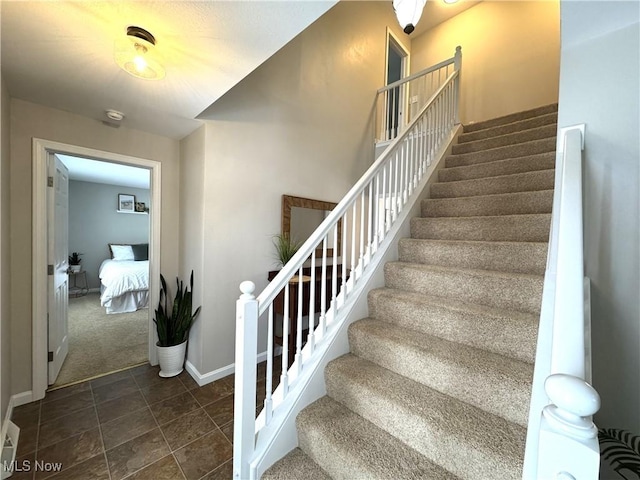 staircase featuring carpet flooring