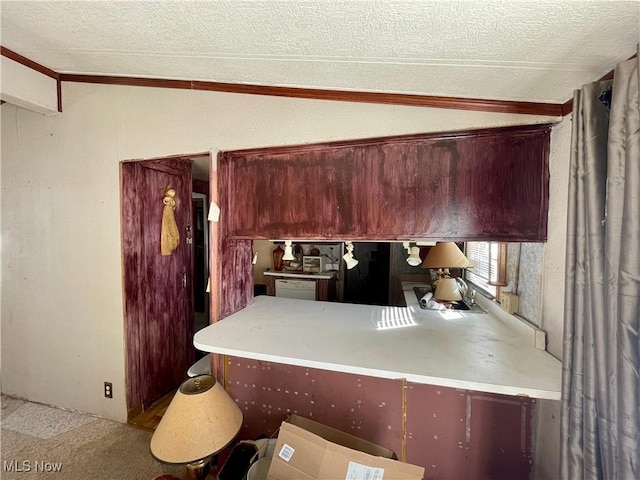 kitchen with carpet, dishwasher, vaulted ceiling, a textured ceiling, and kitchen peninsula