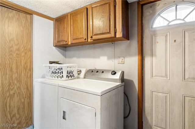 3029 Sweet Rd, Conneaut, OH 44030 - laundry room featuring washer and clothes dryer, cabinet space, and a textured ceiling