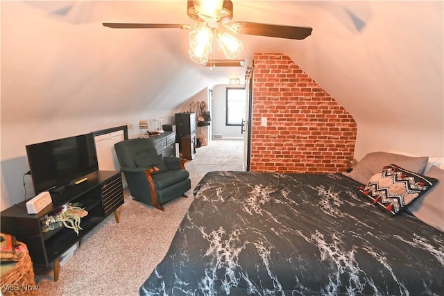 bedroom featuring light carpet, ceiling fan, and lofted ceiling