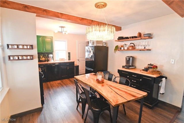 dining room with beam ceiling, dark hardwood / wood-style flooring, and a chandelier