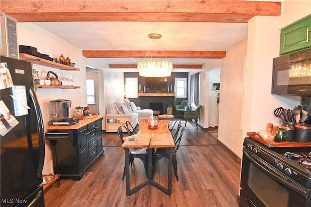 dining space featuring beam ceiling, dark wood-type flooring, and a notable chandelier