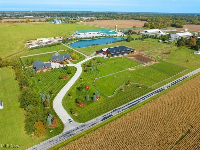 aerial view featuring a water view and a rural view