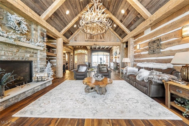 living room with beamed ceiling, dark hardwood / wood-style floors, high vaulted ceiling, and wooden ceiling