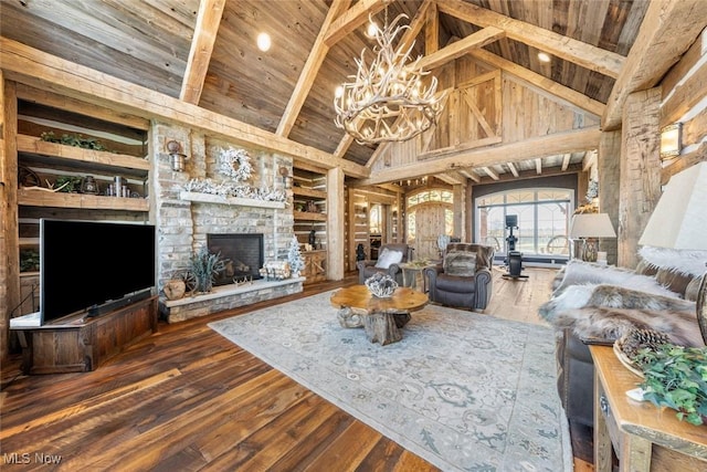 living room with high vaulted ceiling, a stone fireplace, dark hardwood / wood-style floors, beamed ceiling, and wood ceiling