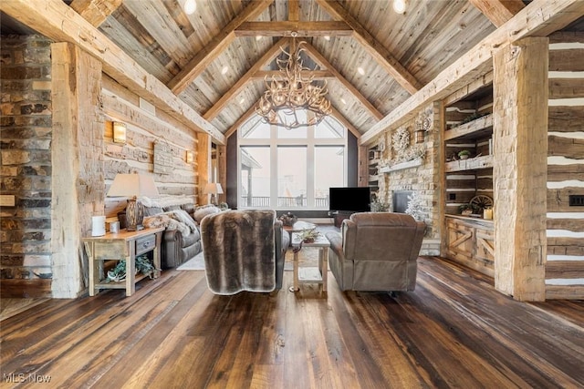 living area with dark wood-type flooring, beam ceiling, high vaulted ceiling, an inviting chandelier, and a fireplace