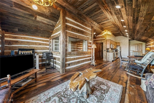 living room featuring dark hardwood / wood-style flooring, wooden walls, a notable chandelier, and wood ceiling