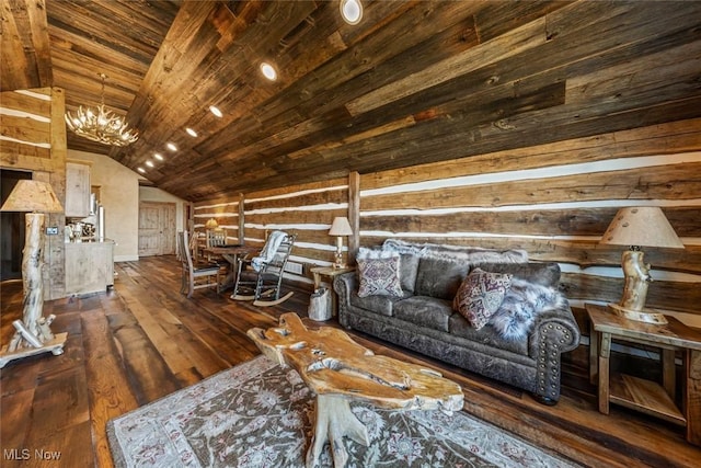 living room with lofted ceiling, an inviting chandelier, dark hardwood / wood-style floors, log walls, and wood ceiling