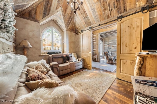 living room with a barn door, wooden ceiling, high vaulted ceiling, and dark wood-type flooring