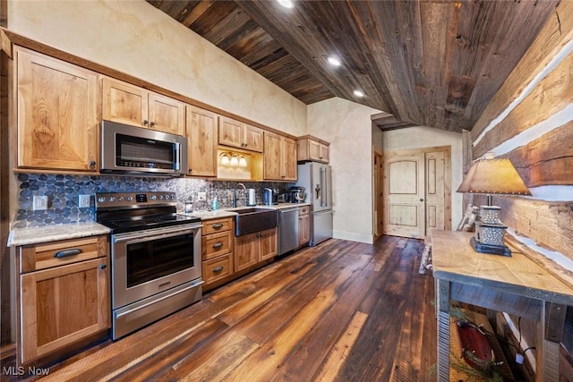 kitchen with lofted ceiling, wooden ceiling, sink, decorative backsplash, and stainless steel appliances