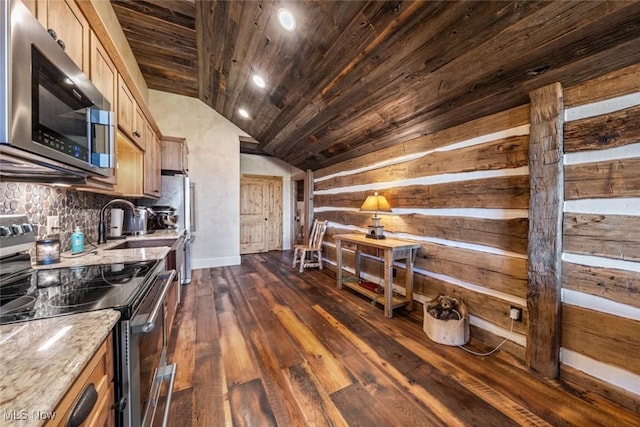 kitchen featuring light stone countertops, backsplash, stainless steel appliances, wooden ceiling, and lofted ceiling