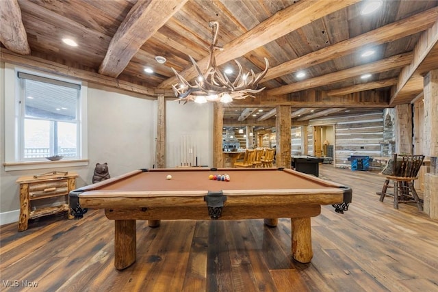 game room with wooden ceiling, beamed ceiling, wood-type flooring, and pool table