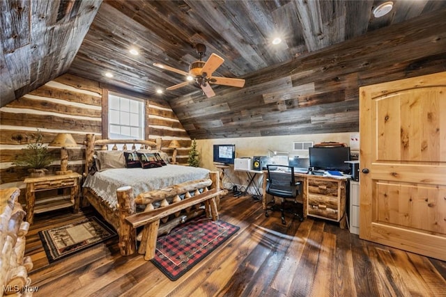 bedroom with ceiling fan, dark wood-type flooring, wood walls, lofted ceiling, and wood ceiling