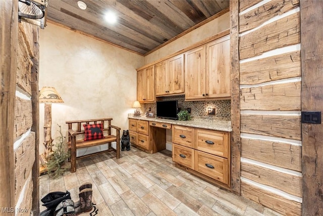 kitchen with light wood-type flooring, crown molding, wooden ceiling, and backsplash