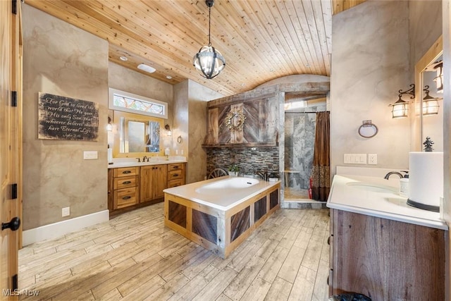 bathroom featuring wood ceiling, vanity, wood-type flooring, shower with separate bathtub, and lofted ceiling